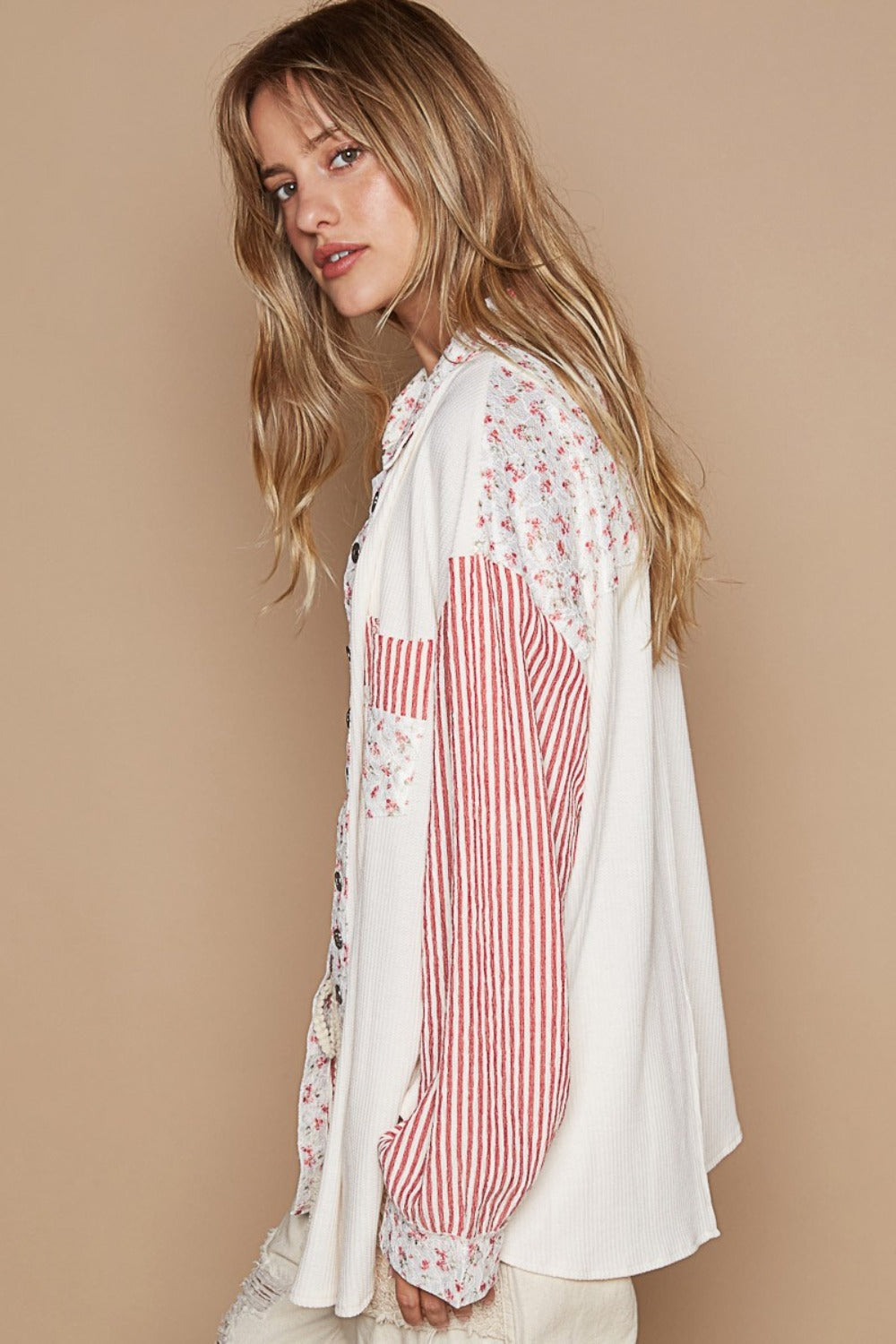 Women's POL Long Sleeve Embroidered Print Patch Pocket Shirt