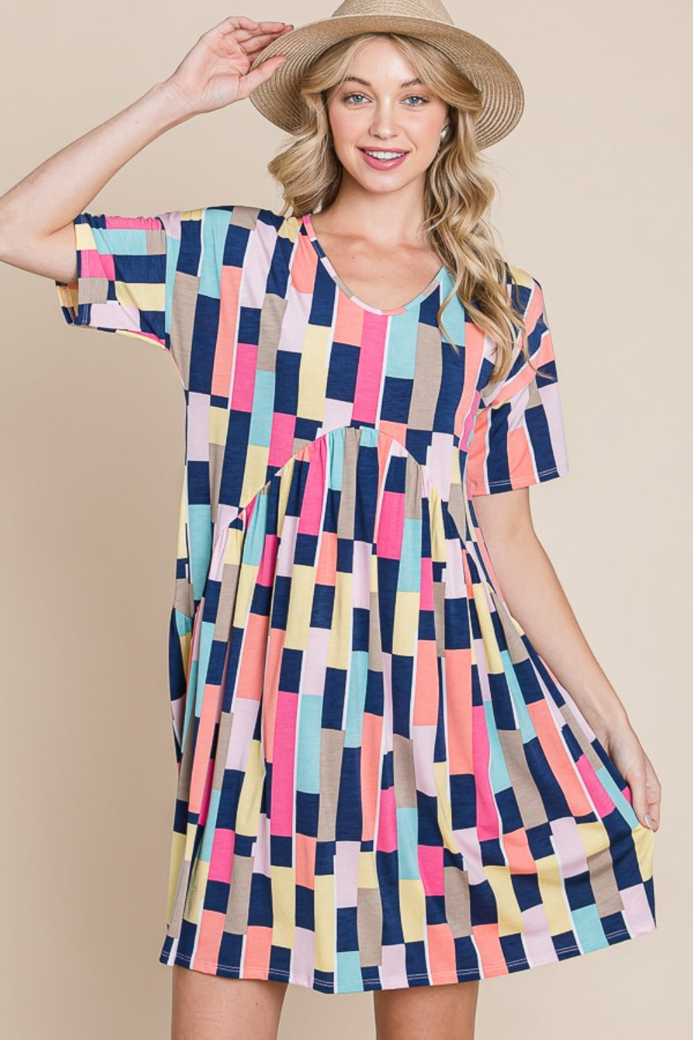 Women's BOMBOM Ruched Color Block Short Sleeve Mini Dress