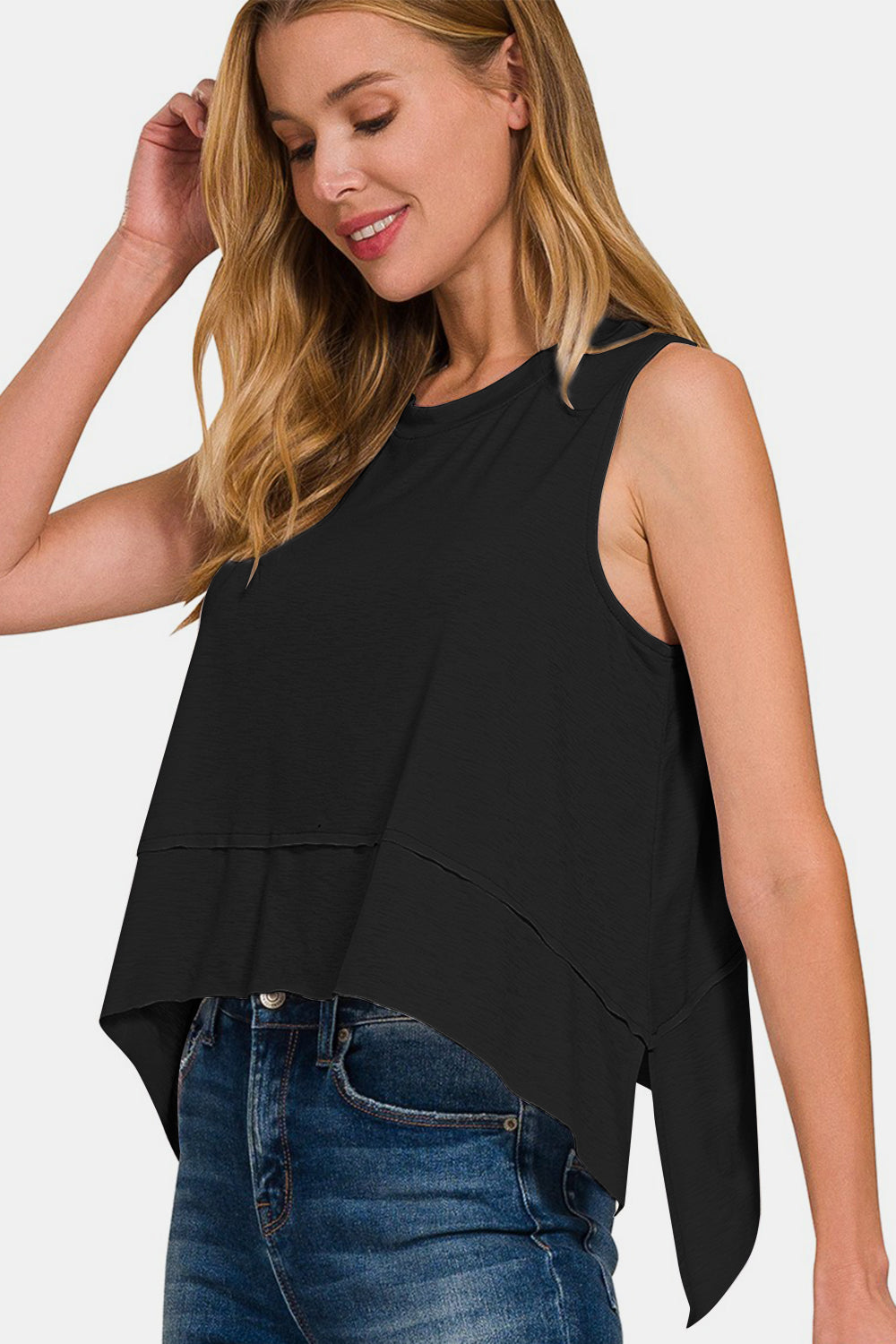 Women's Zenana Exposed Seam Slit Round Neck Tank