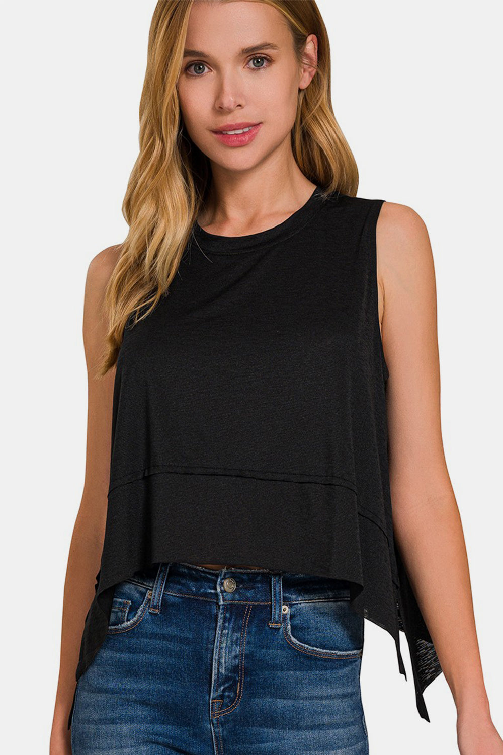 Women's Zenana Exposed Seam Slit Round Neck Tank