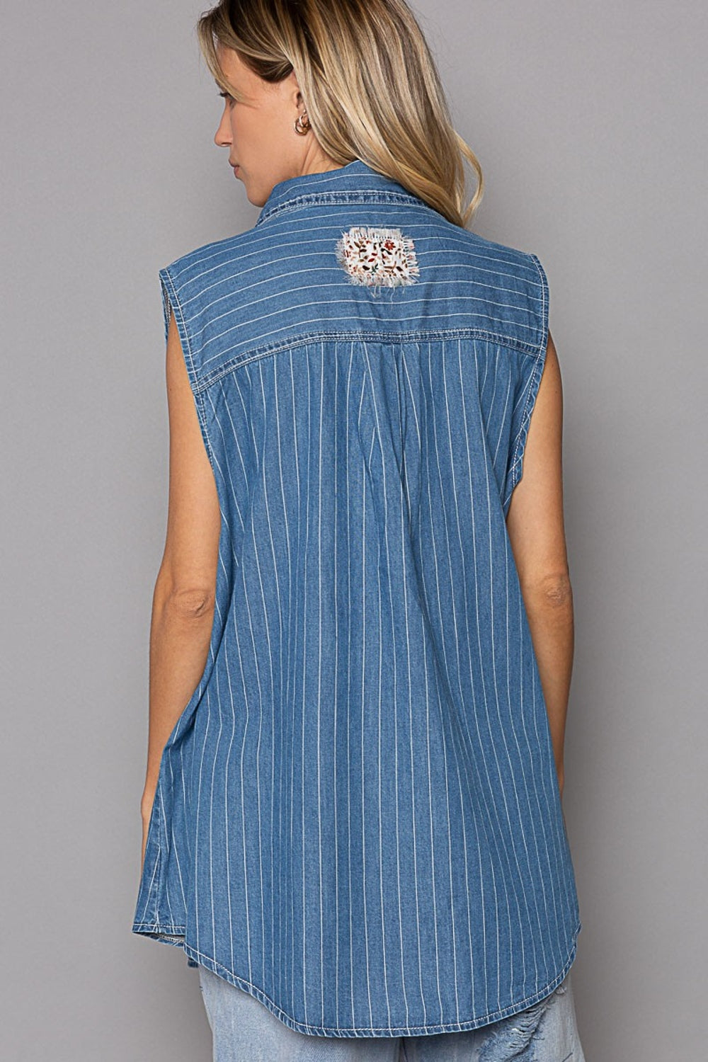 Women's POL Button Down Sleeveless Striped Denim Shirt