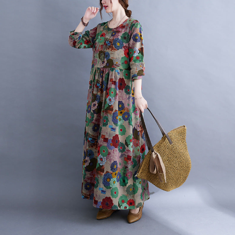 Literary Plus Size Printed Long Sleeve Dress