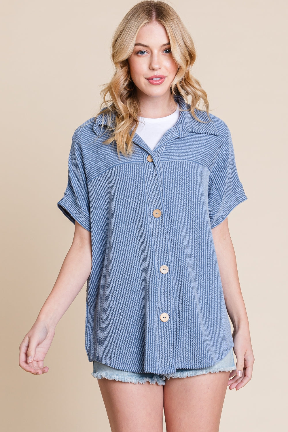 Women's BOMBOM Button Up Short Sleeves Ribbed Shirt