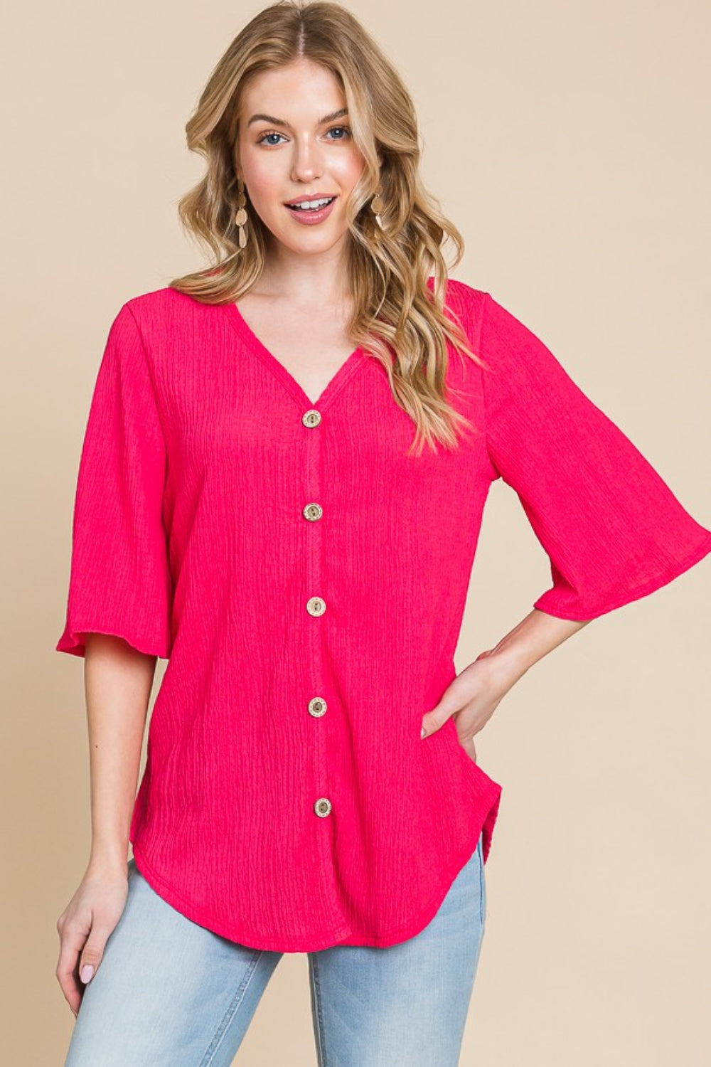 Women's BOMBOM Texture Decorative Button V-Neck Top