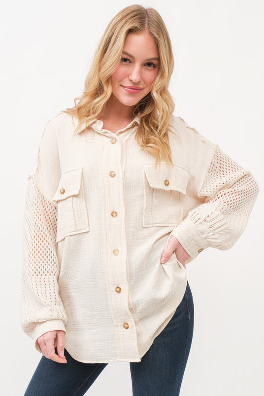 Women's And The Why Texture Button Up Openwork Shirt