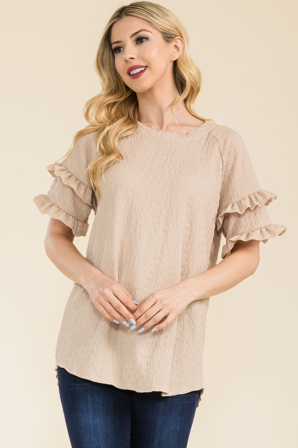 Women's Celeste Full Size Ruffle Short Sleeve Texture Top