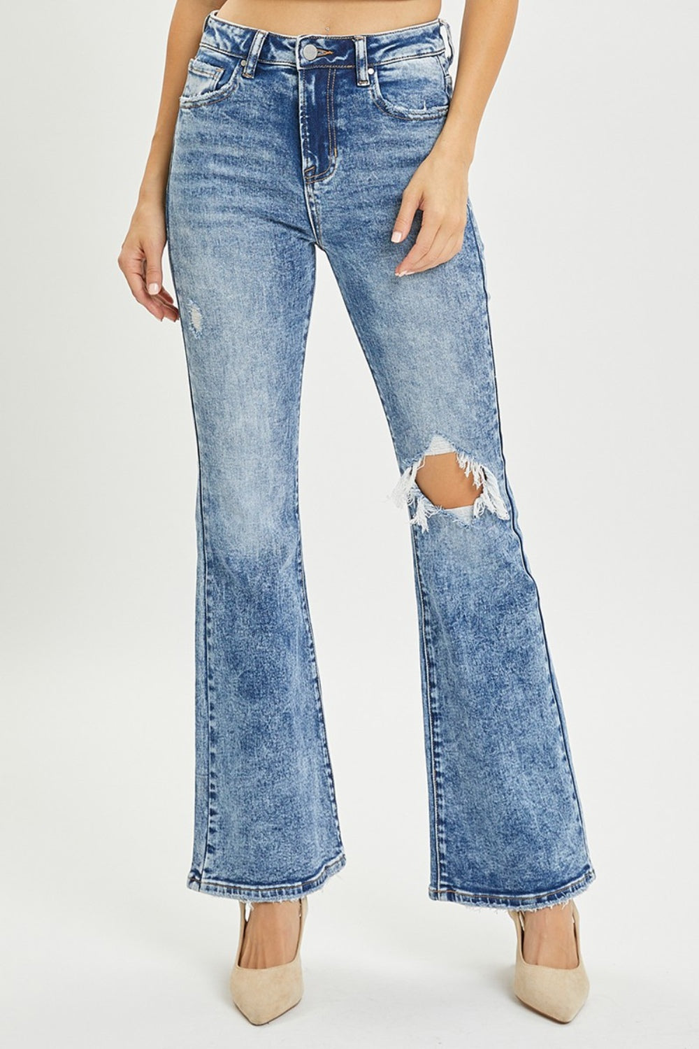 Women's RISEN Full Size High Rise Distressed Flare Jeans