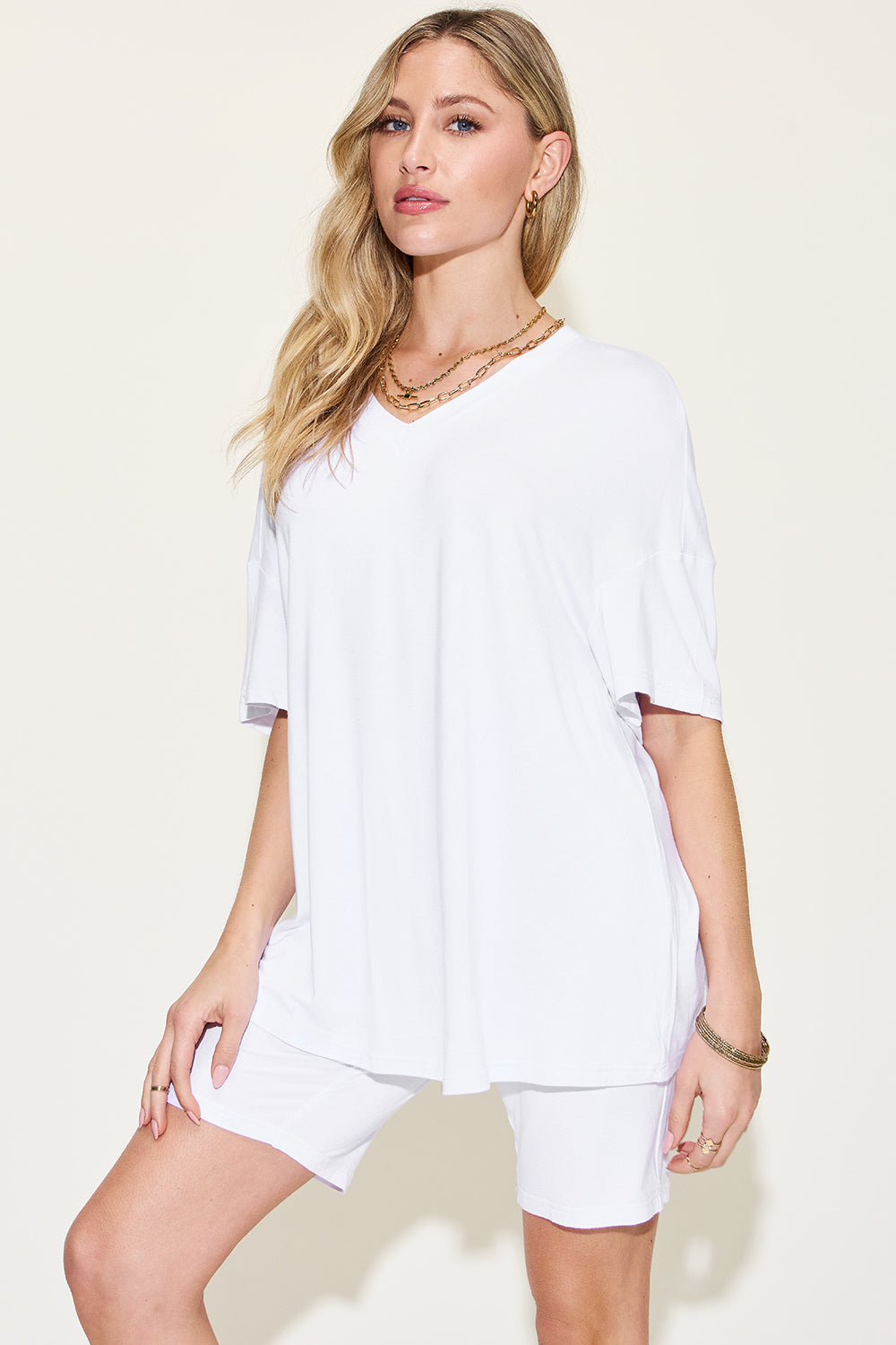 Women's Basic Bae Full Size V-Neck Drop Shoulder T-Shirt and Shorts Set