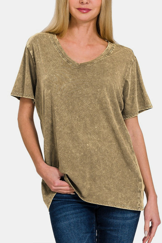 Women's Zenana Washed Short Sleeve V-Neck T-Shirt