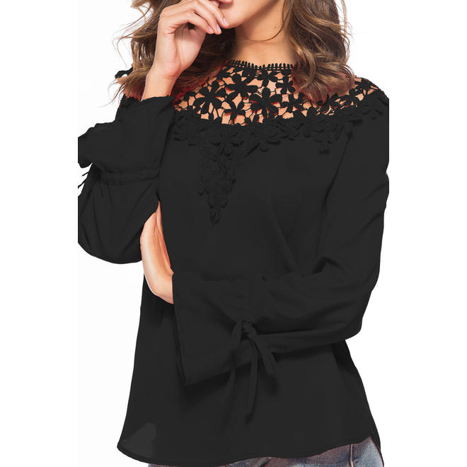 Women Lace Long Sleeve Solid Chiffon Top - C6331USB