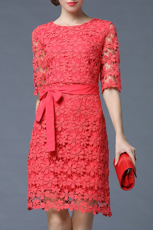 Women High Neck Half Sleeve Flower Lace Belted Dress - WD75010