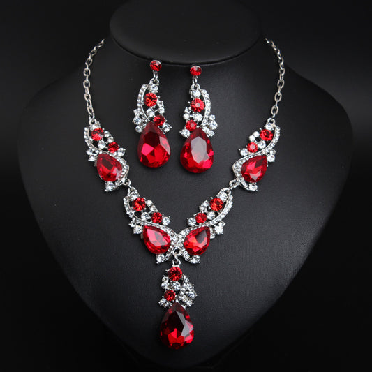 Cross-border crystal gem flash short necklace earrings set European and American exaggerated dress