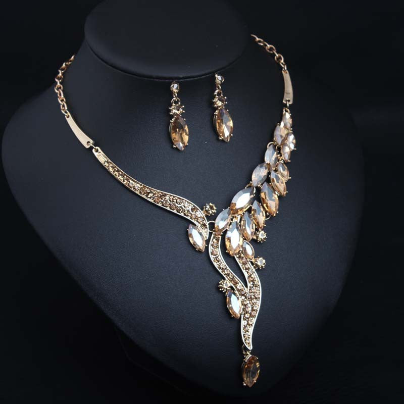 American fashion simple crystal gem necklace earrings set