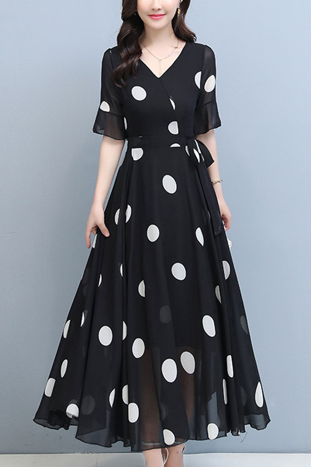 Women Fascinating Polka Doted V-Neck Short Sleeve Slim Waist Lovely Chiffon Long Skirt Dress - WD113401