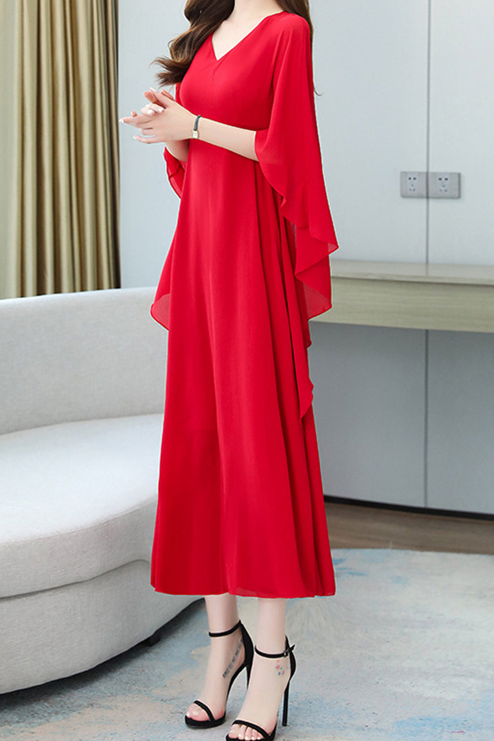 Women Solid Color V-Neck Mid Length Thin Fashionable Loose Dress - WDC60019