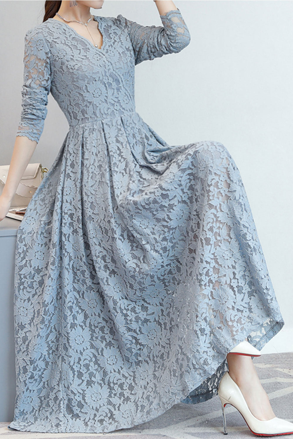 Women Lace Decorated Long Sleeve Dress - C2281JPD