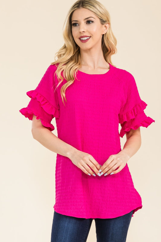 Women's Celeste Full Size Ruffle Short Sleeve Texture Top