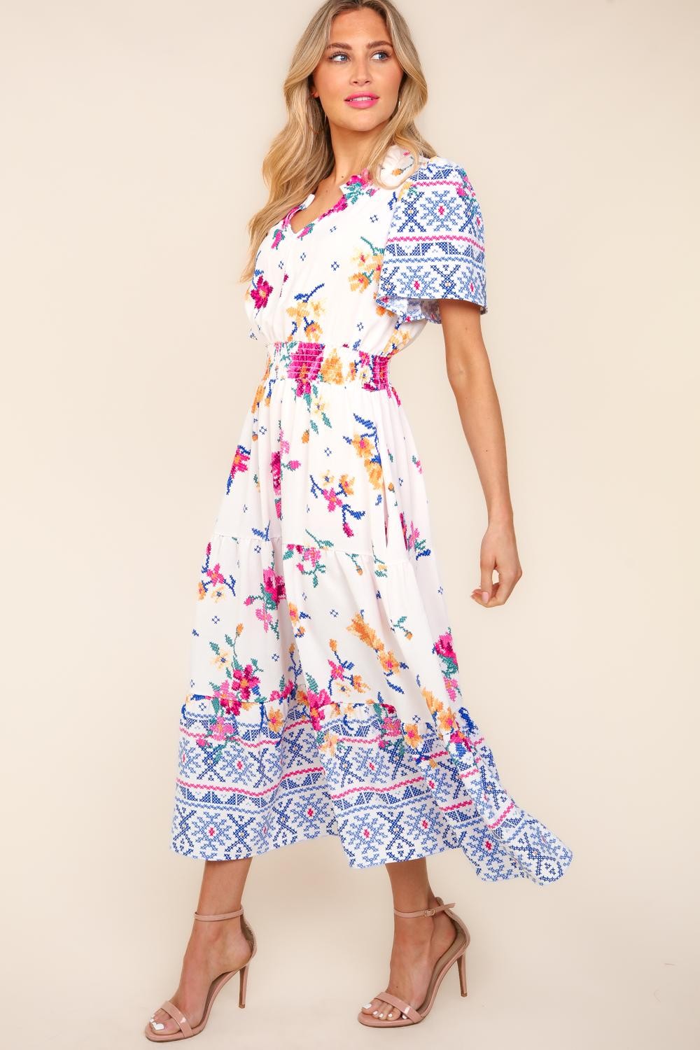 Women's Haptics Printed Notched Short Sleeve Tiered Dress