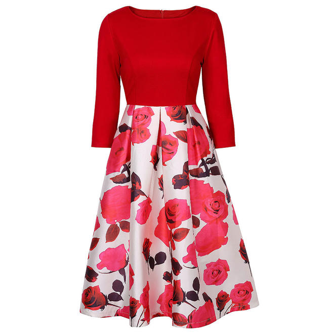 Women 3/4 Sleeve Solid Bust Floral Skirt Swing Dress - C2114ZWD