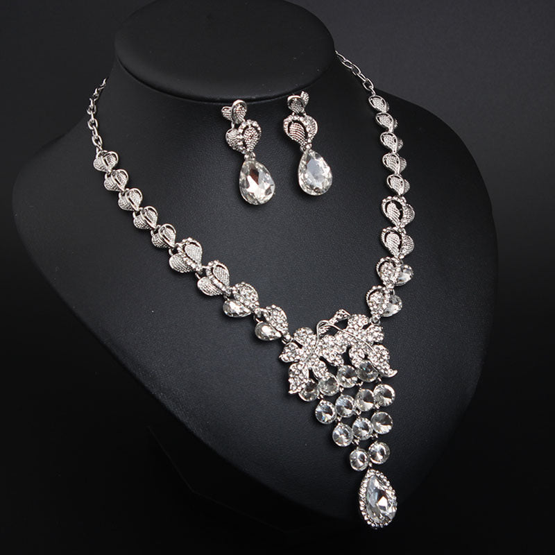 European and American light luxury crystal gem necklace and earrings set dress banquet female