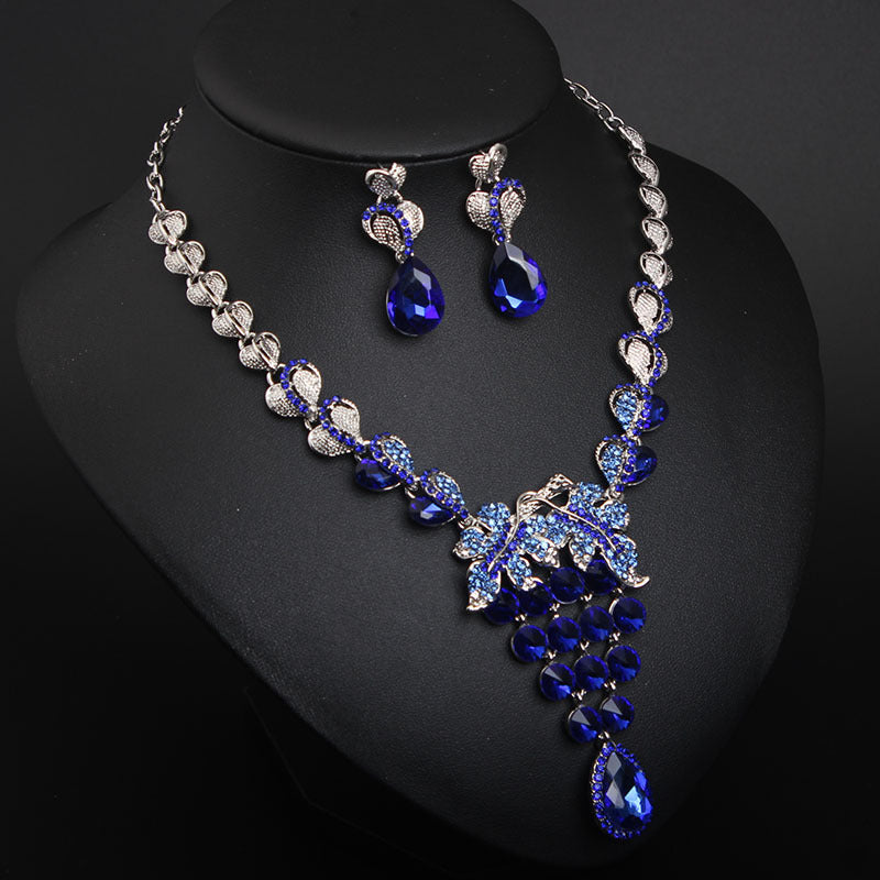 European and American light luxury crystal gem necklace and earrings set dress banquet female