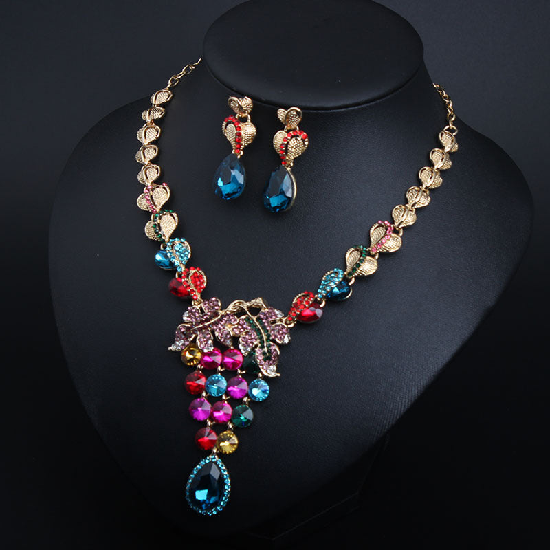 European and American light luxury crystal gem necklace and earrings set dress banquet female