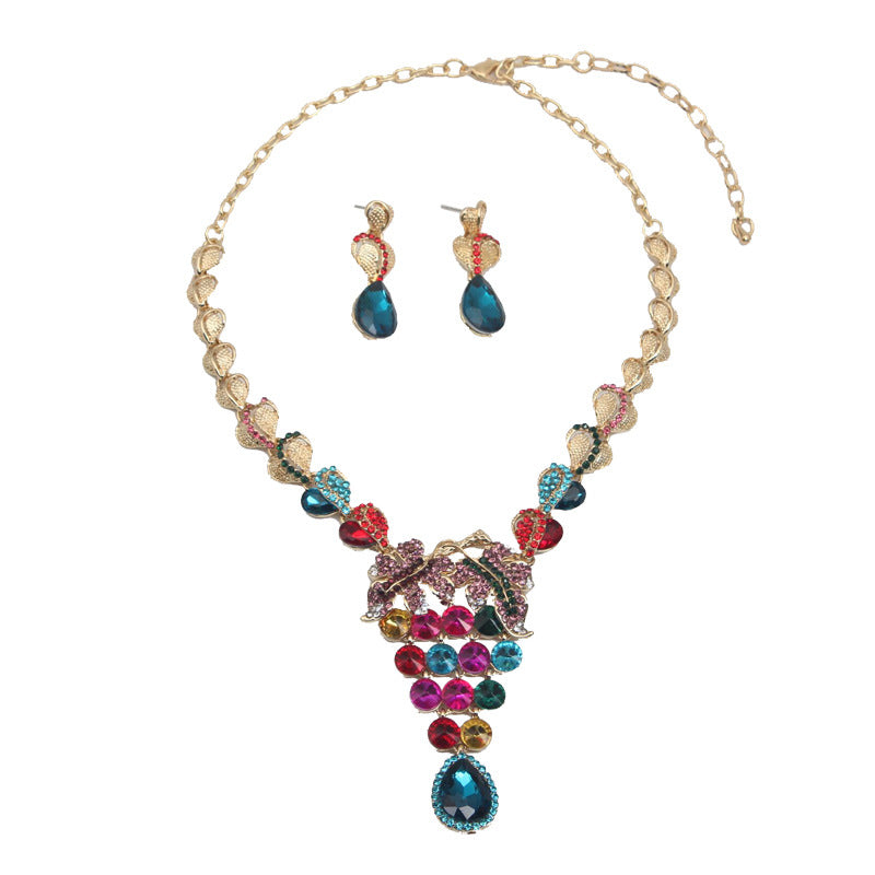 European and American light luxury crystal gem necklace and earrings set dress banquet female