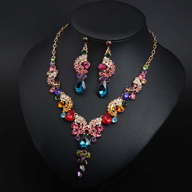 Luxury Women Rhinestone Pendant Chain Necklace Stud Earrings Wedding Jewelry Set Jewelry fashion Accessories