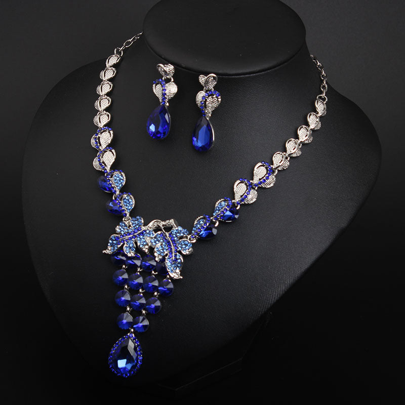 European and American light luxury crystal gem necklace and earrings set dress banquet female