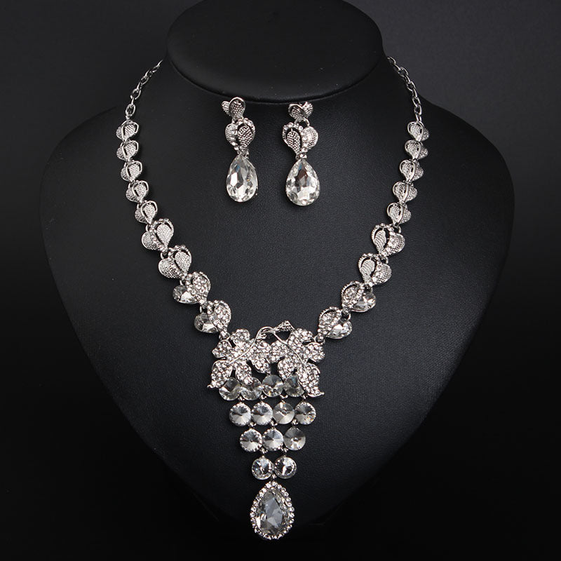 European and American light luxury crystal gem necklace and earrings set dress banquet female