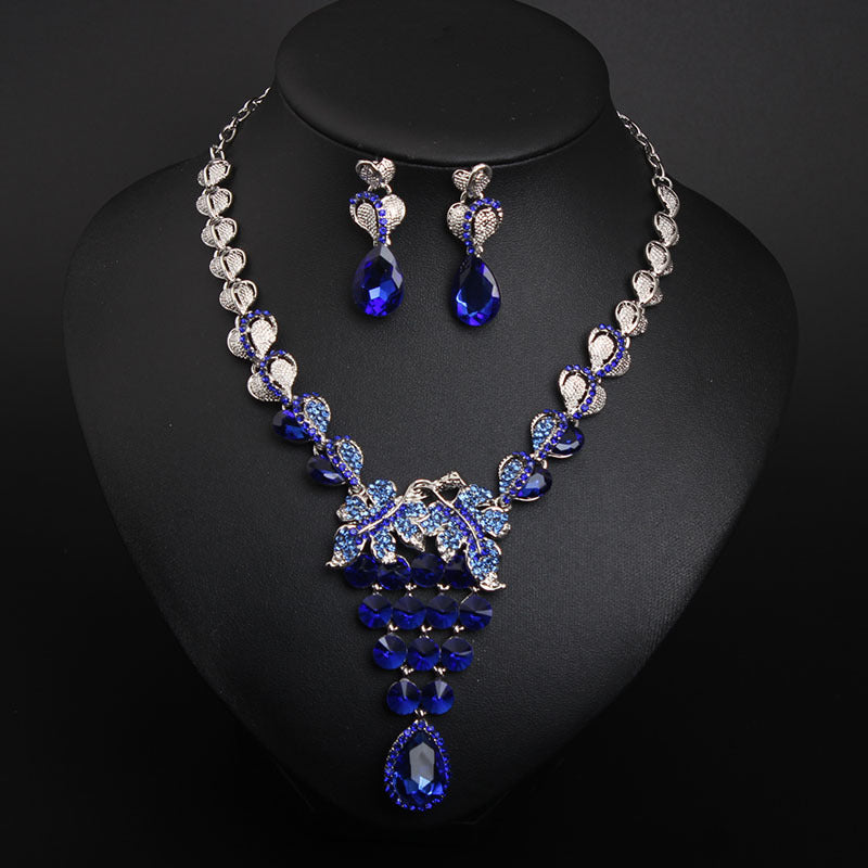 European and American light luxury crystal gem necklace and earrings set dress banquet female