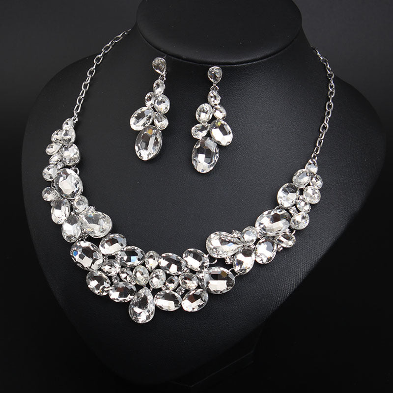 American light luxury super flash crystal gem clavicle necklace earrings set dress