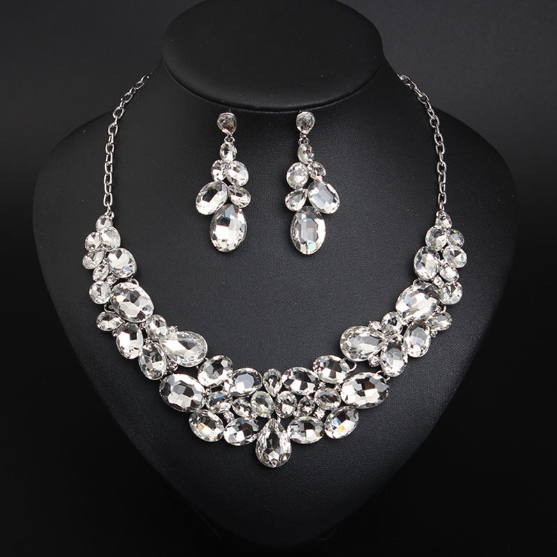 American light luxury super flash crystal gem clavicle necklace earrings set dress