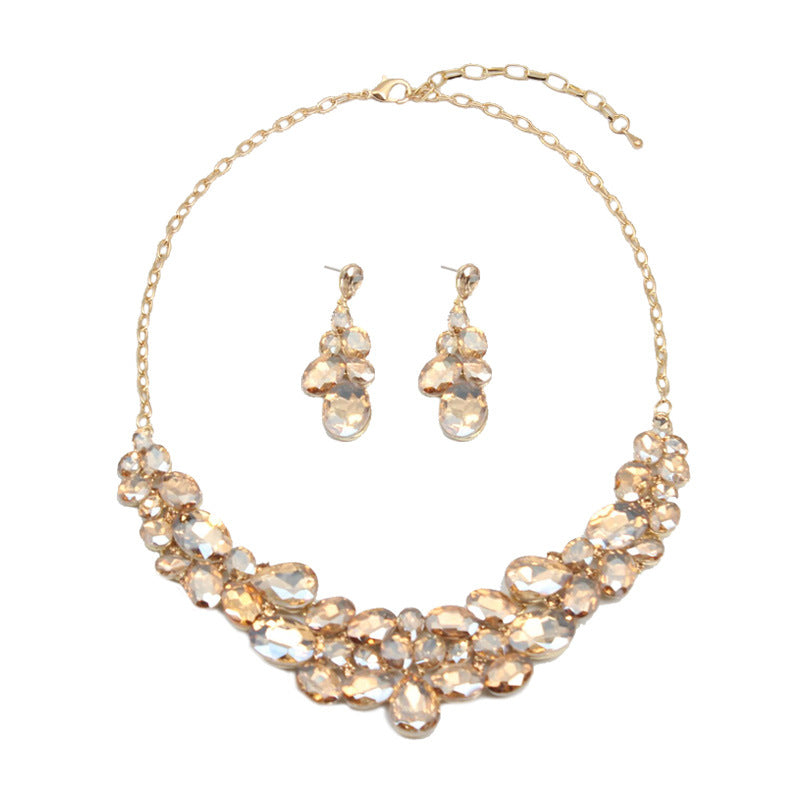 American light luxury super flash crystal gem clavicle necklace earrings set dress