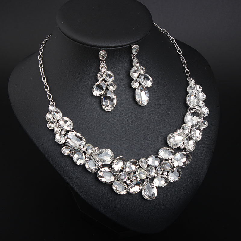 American light luxury super flash crystal gem clavicle necklace earrings set dress