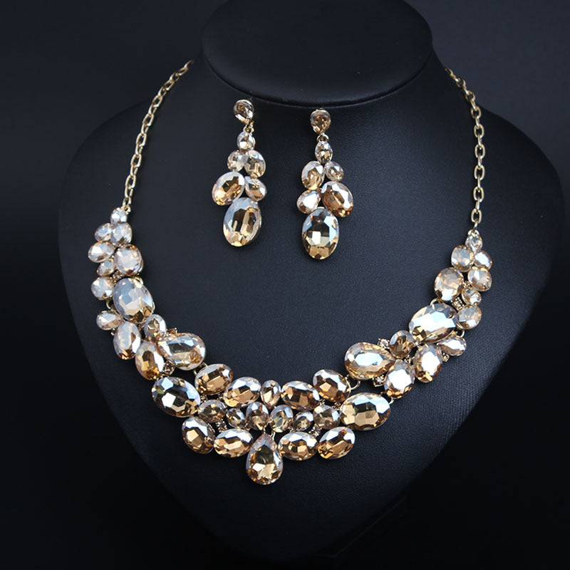 American light luxury super flash crystal gem clavicle necklace earrings set dress