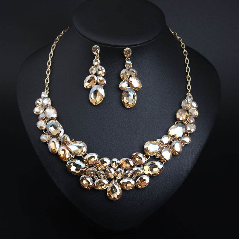 American light luxury super flash crystal gem clavicle necklace earrings set dress