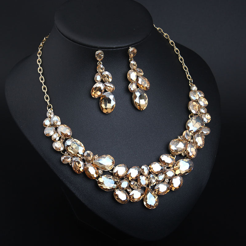 American light luxury super flash crystal gem clavicle necklace earrings set dress