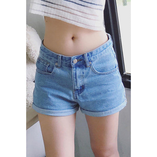 Women Folded Hem Stylish Denim Shorts - C084KMSZB