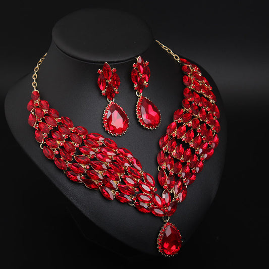 American Ruby Necklace Earrings Set Dress Banquet Bride Exaggerated Female Accessories