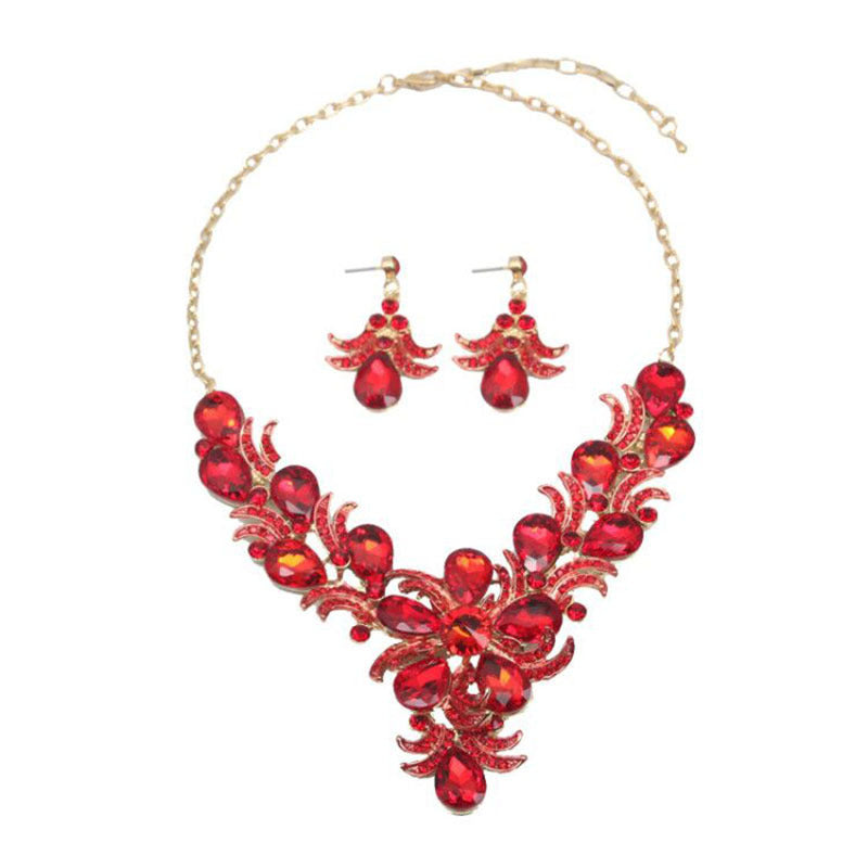 New style super flash flower European and American crystal necklace earrings set dress bride