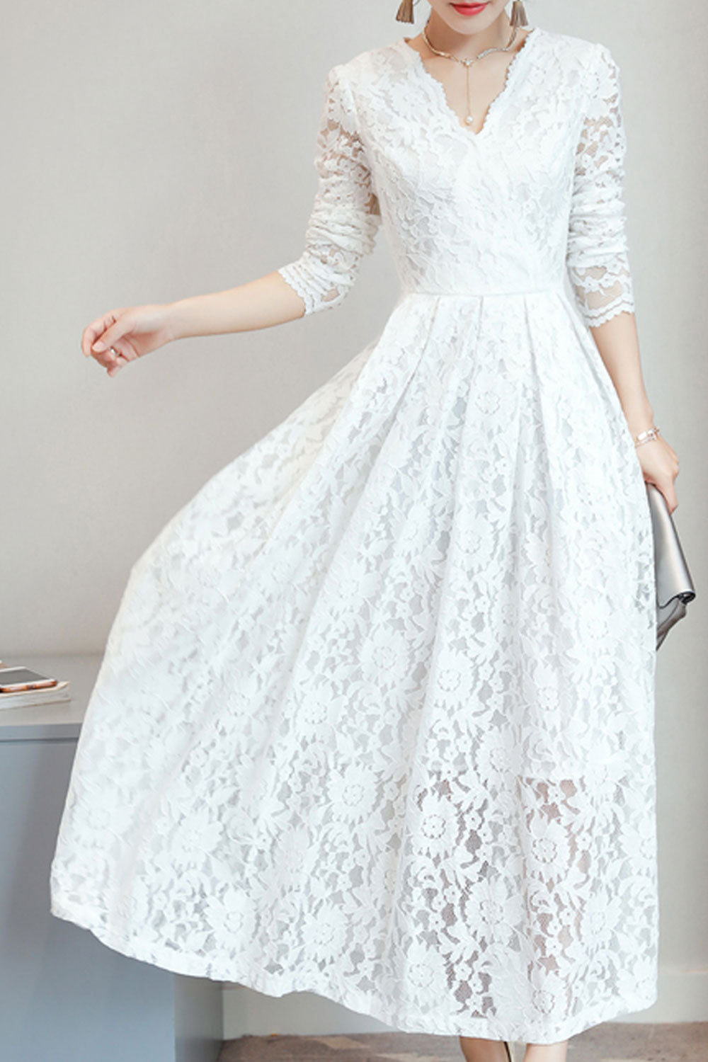 Women Lace Decorated Long Sleeve Dress - C2281JPD