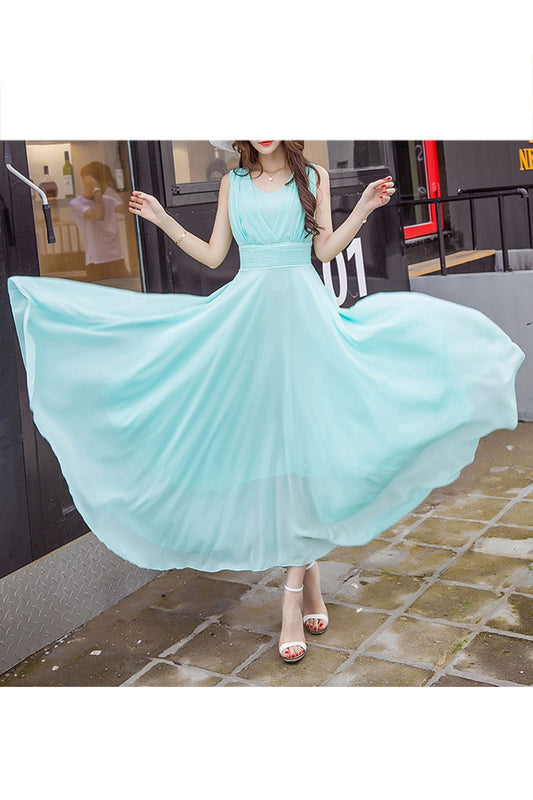 Women Soft Solid Pattern Pleated Skirt Chiffon Summer Comfortable Dress - C6072ZWD