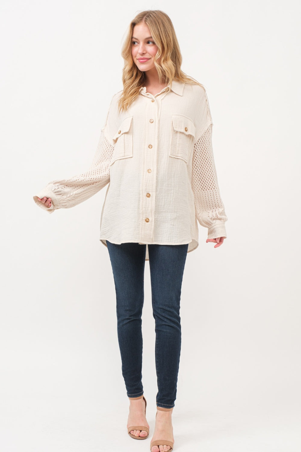 Women's And The Why Texture Button Up Openwork Shirt