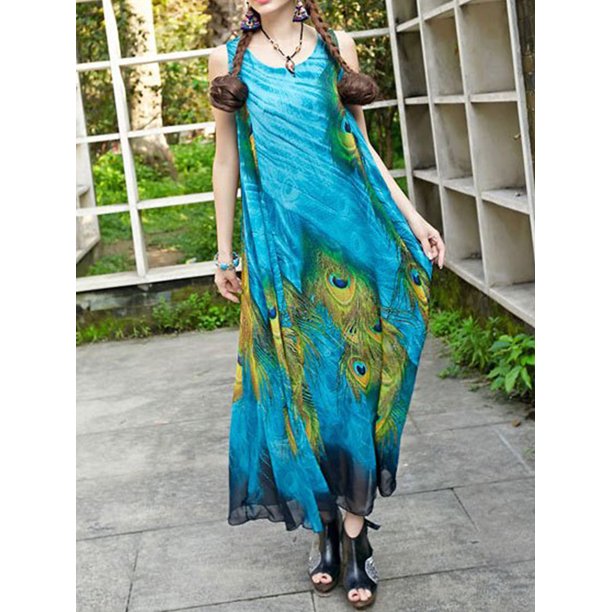 Women Plus Size Loose Fitting Long Peacock Feather Printed Gown Dress Blue - UWD399