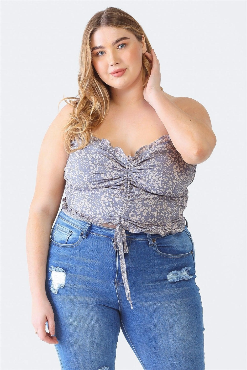 Women Plus Size Drawstring Smocked Floral Tube Top