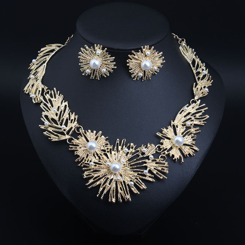 American geometric alloy inlaid pearl necklace and earrings set