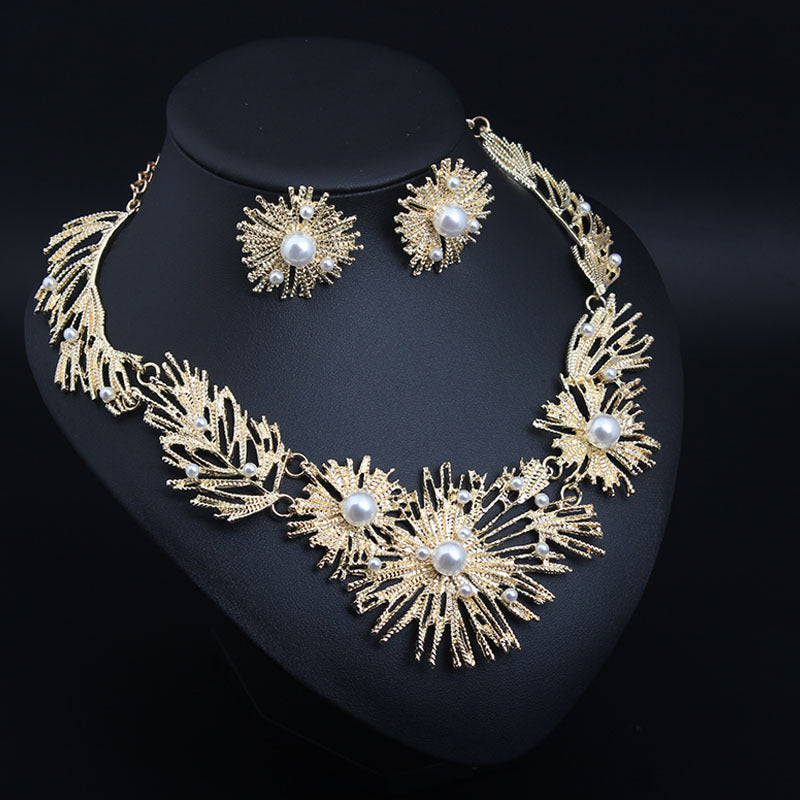 American geometric alloy inlaid pearl necklace and earrings set