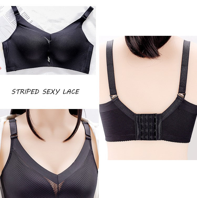 Girl striped thin sponge bra without steel ring, gather big breasts and show small four-button underwear