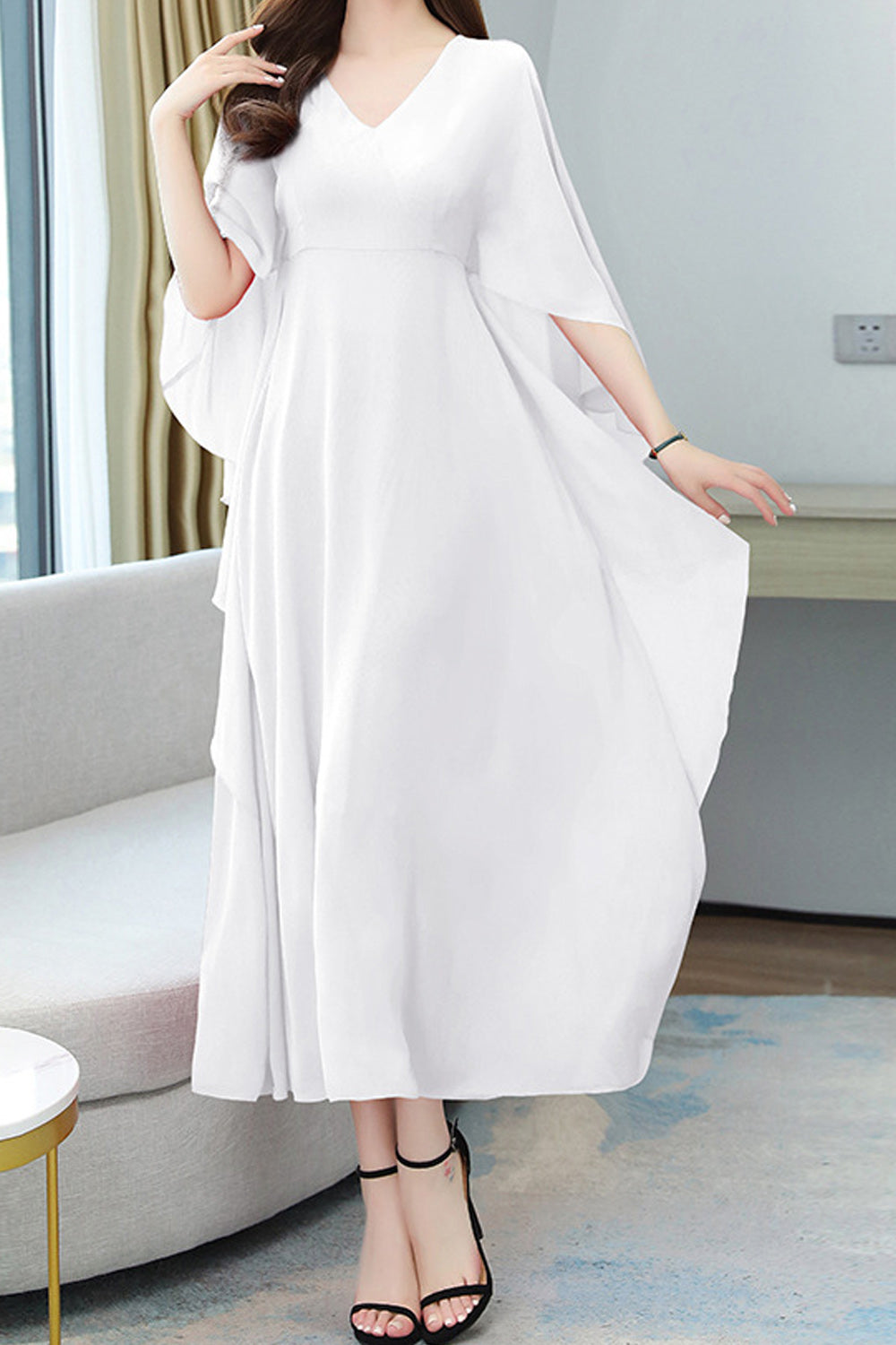 Women Solid Color V-Neck Mid Length Thin Fashionable Loose Dress - WDC60019